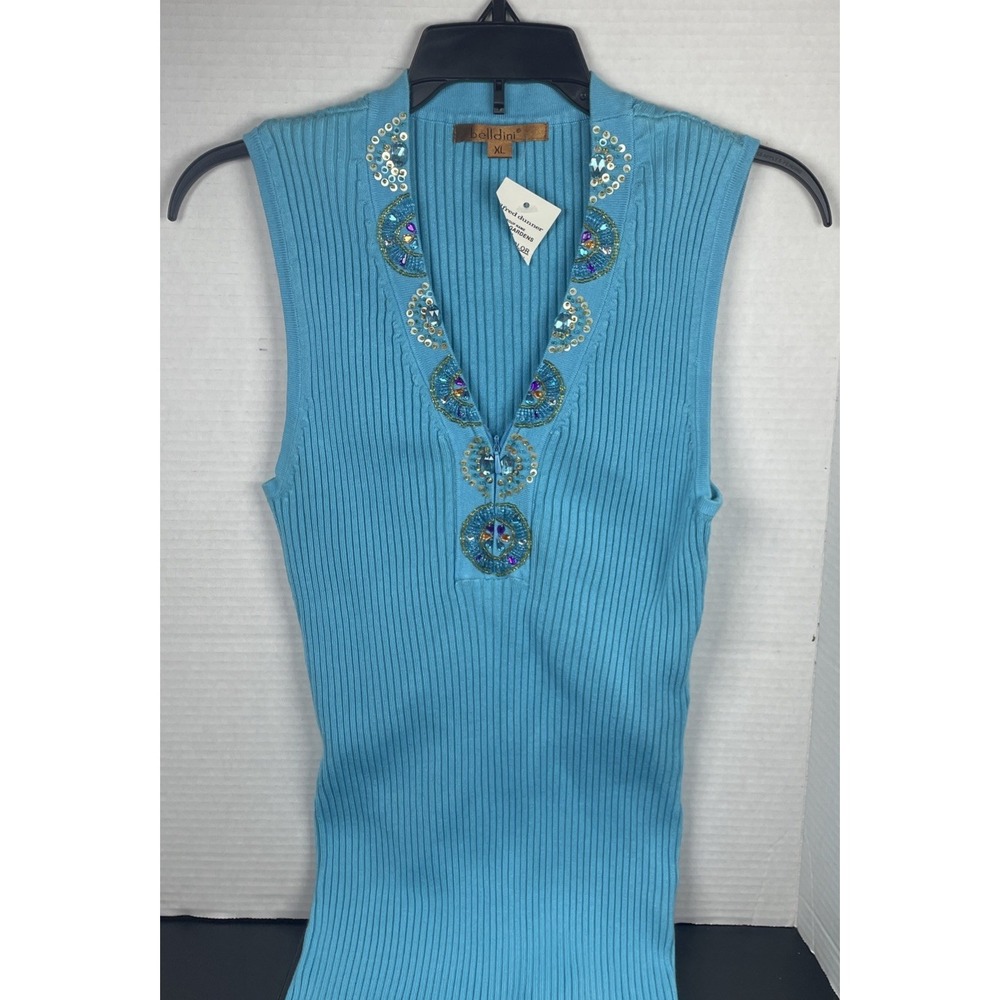 Belldini® Blue Rib Knit Stretch Sleeveless Top W/ Colorful Rhinestones Size XL‎